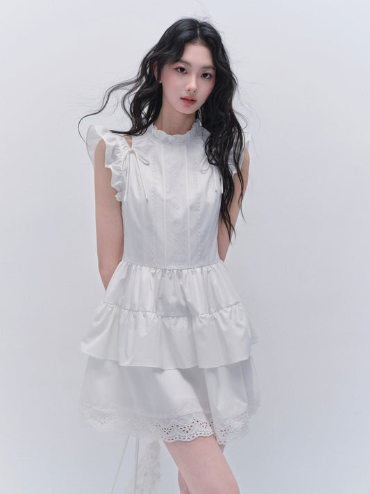 Butterfly Sleeve Embroidered Cut-Out Shoulder Dress