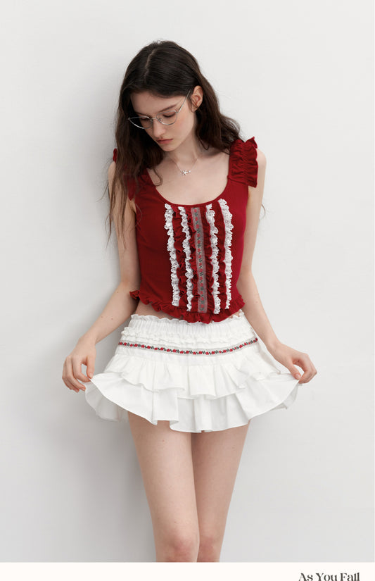 Puffy Skort With Floral Embroidery Detail