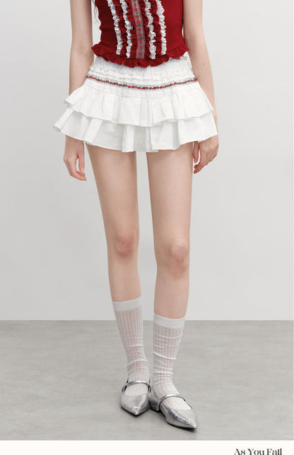 Puffy Skort With Floral Embroidery Detail
