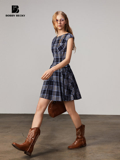 Cap-Sleeve Plaid Dress With Waist Tie