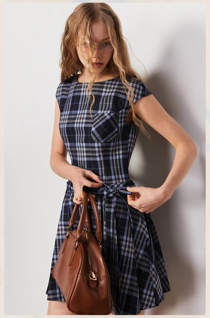Cap-Sleeve Plaid Dress With Waist Tie