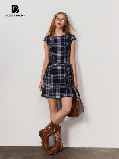 Cap-Sleeve Plaid Dress With Waist Tie
