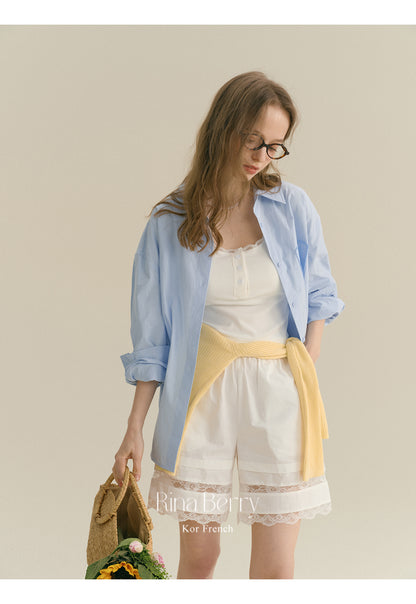 Elastic High Waist Cotton Shorts With Lace Detail
