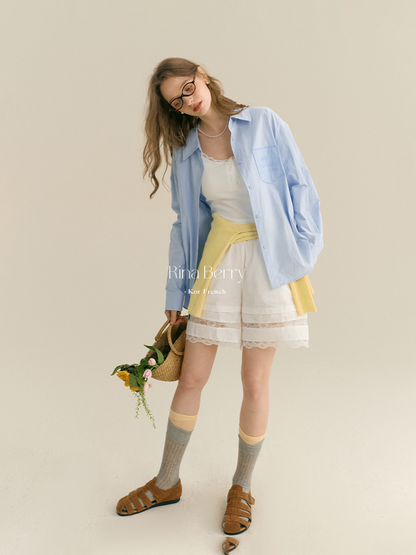 Elastic High Waist Cotton Shorts With Lace Detail