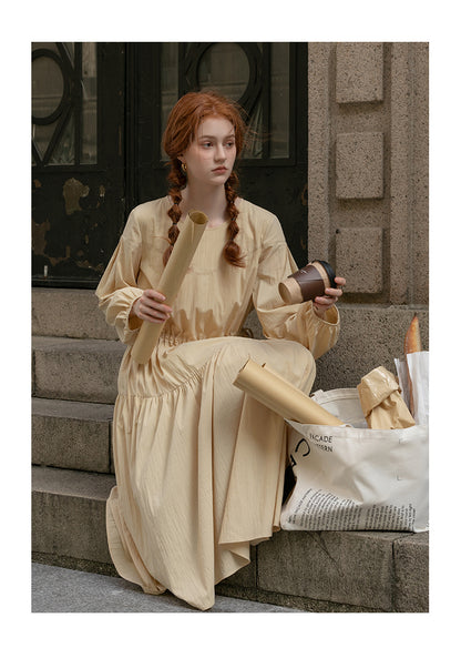 Adjustable Waist Puff Sleeve Panel Dress