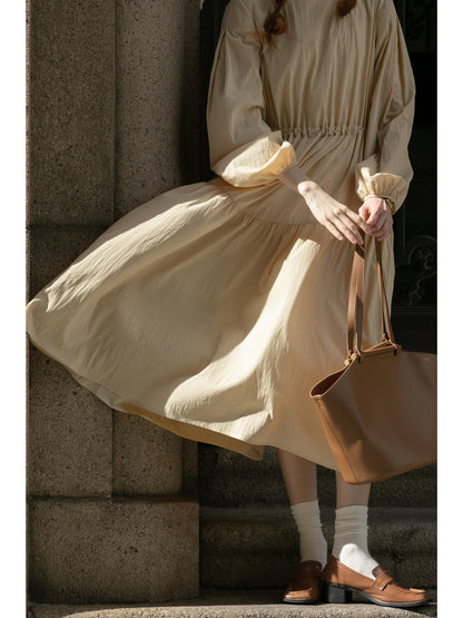 Adjustable Waist Puff Sleeve Panel Dress