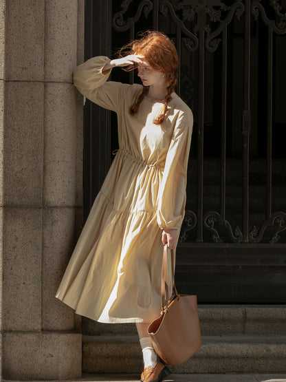 Adjustable Waist Puff Sleeve Panel Dress