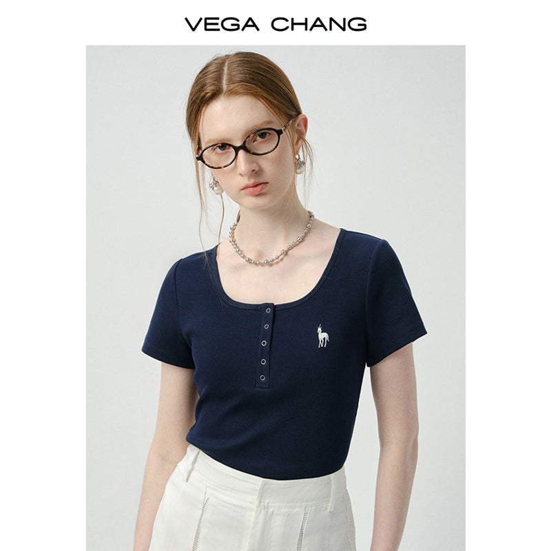 Embroidered Henley Neck T-Shirt