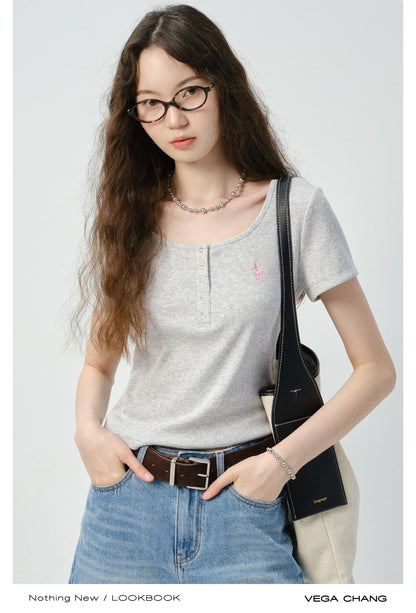 Embroidered Henley Neck T-Shirt