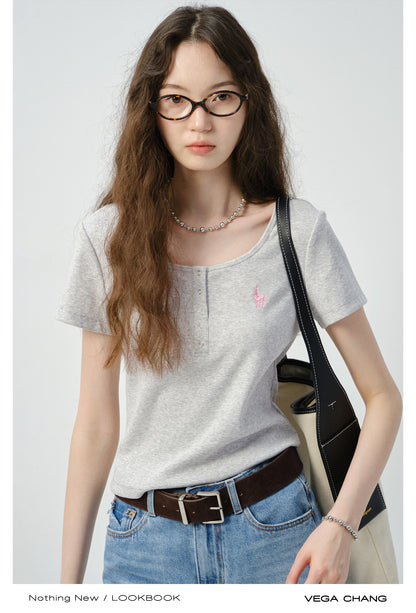 Embroidered Henley Neck T-Shirt
