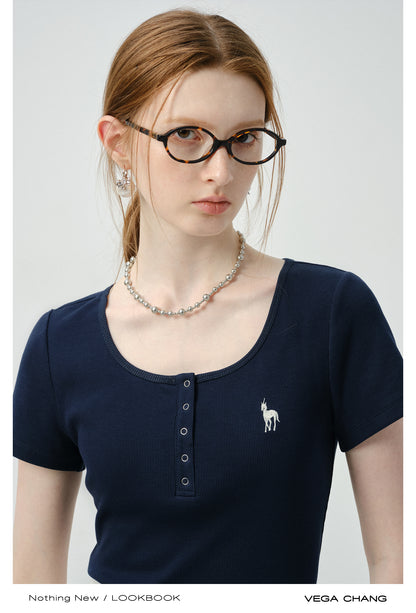 Embroidered Henley Neck T-Shirt