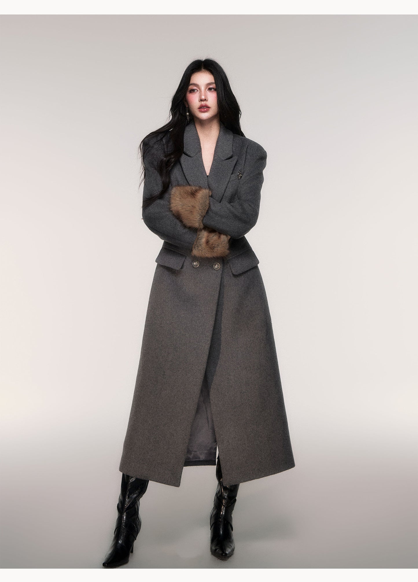 Double Breasted Long Coat with Detachable Scarf
