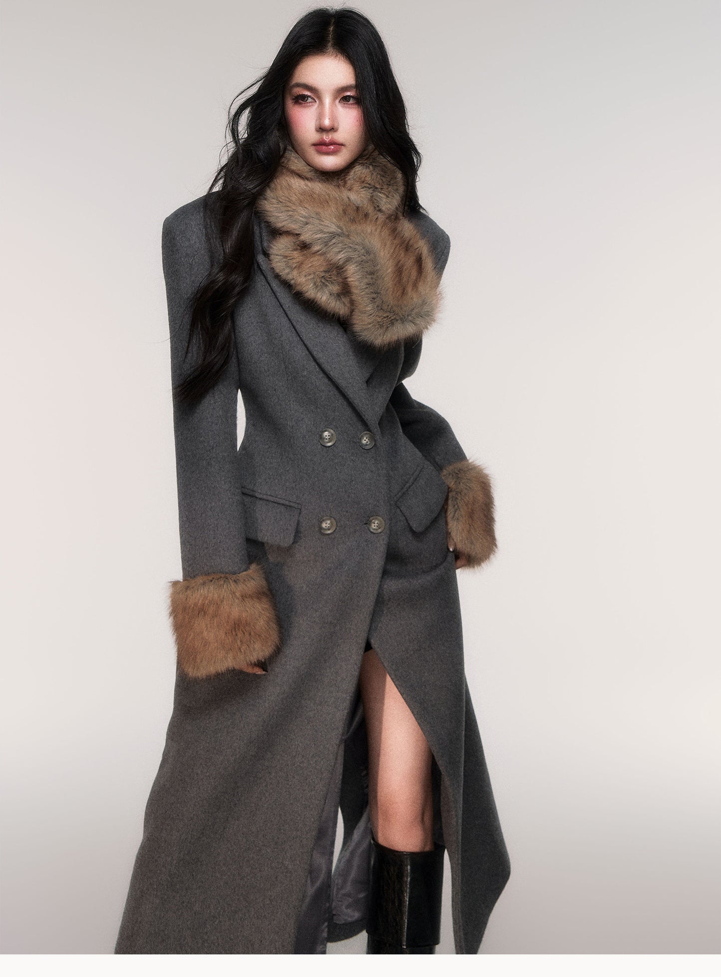 Double Breasted Long Coat with Detachable Scarf