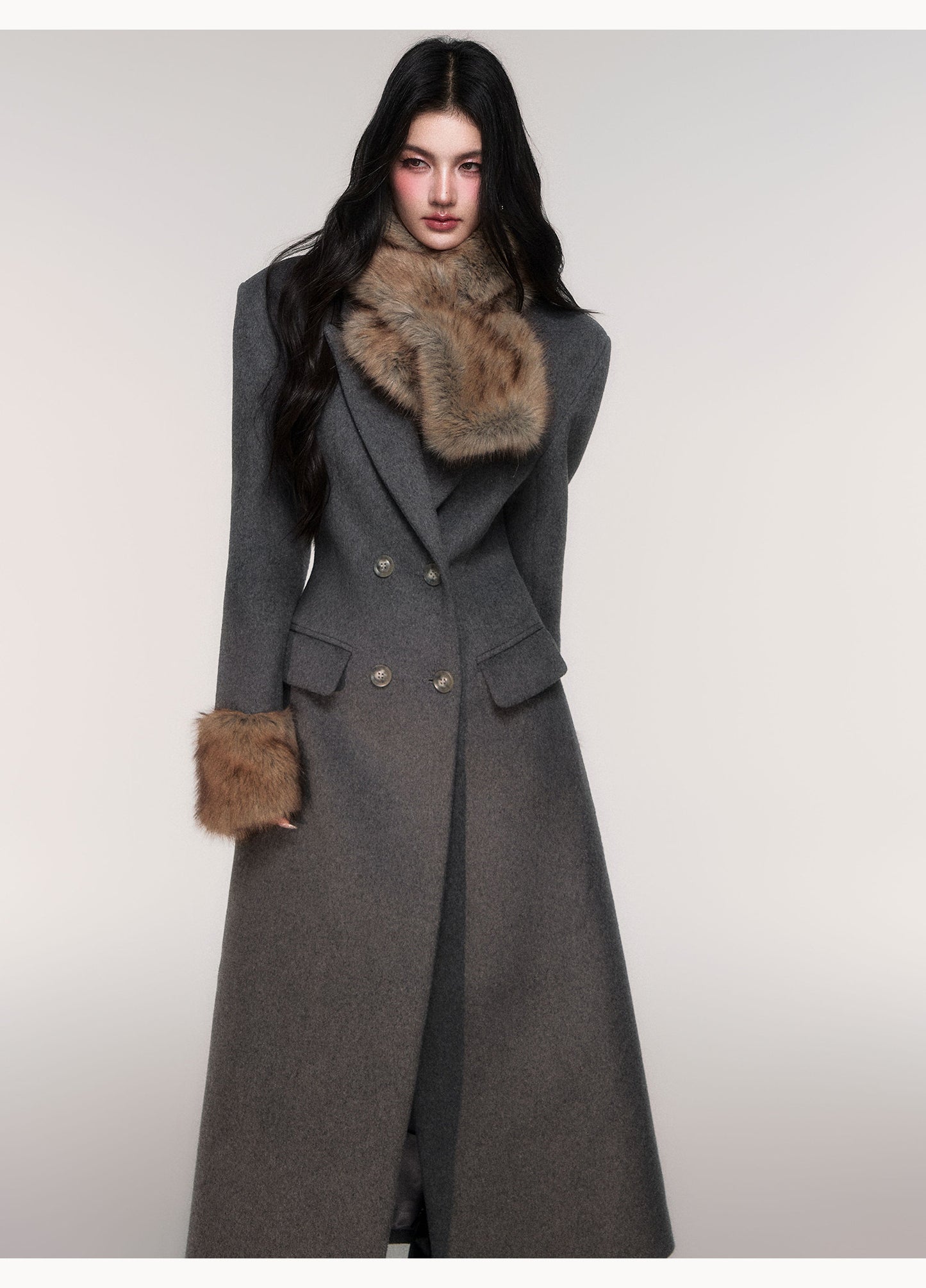 Double Breasted Long Coat with Detachable Scarf