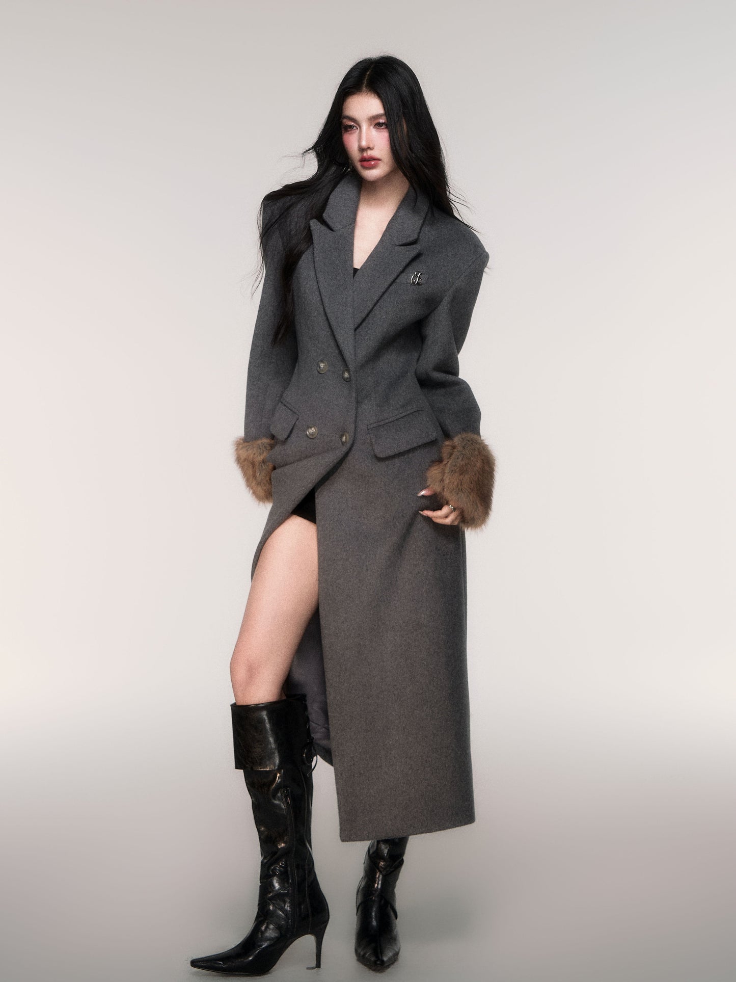 Double Breasted Long Coat with Detachable Scarf