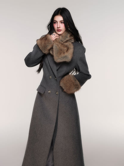 Double Breasted Long Coat with Detachable Scarf