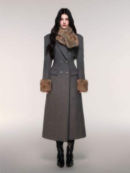 Double Breasted Long Coat with Detachable Scarf