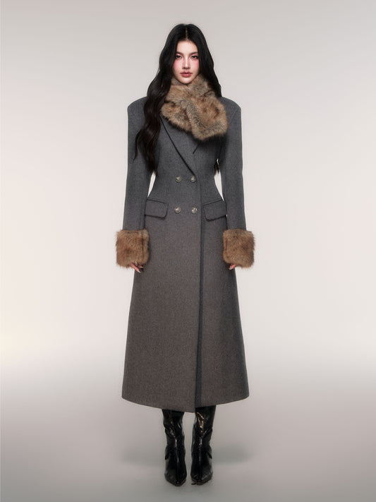 Double Breasted Long Coat with Detachable Scarf