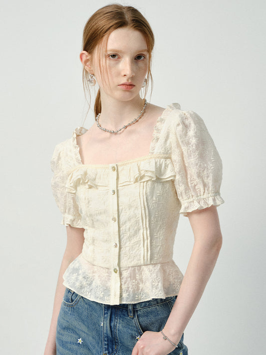 Embroidered Puff-Sleeve Ruffled Blouse