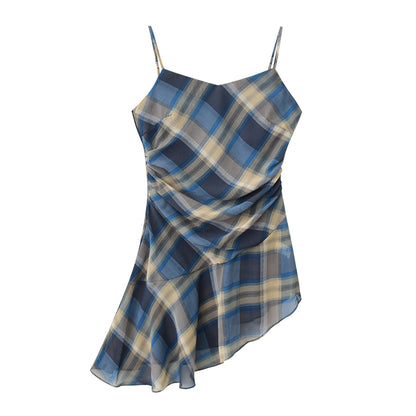 Asymmetric Draped Plaid Peplum Camisole