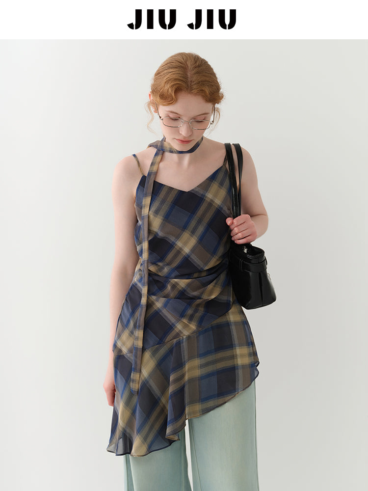 Asymmetric Draped Plaid Peplum Camisole