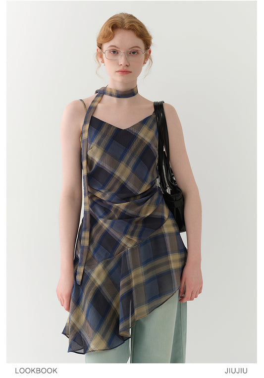 Asymmetric Draped Plaid Peplum Camisole