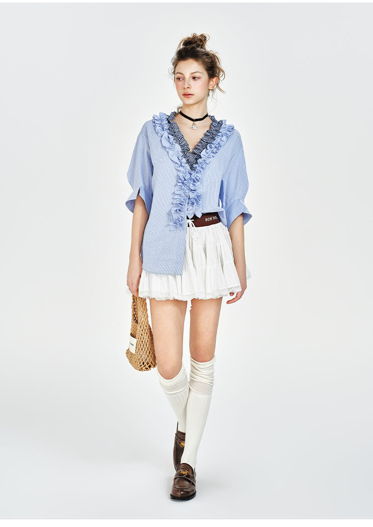 V-Neck Ruffled Blouse With Half Sleeves