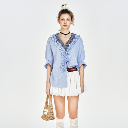 V-Neck Ruffled Blouse With Half Sleeves