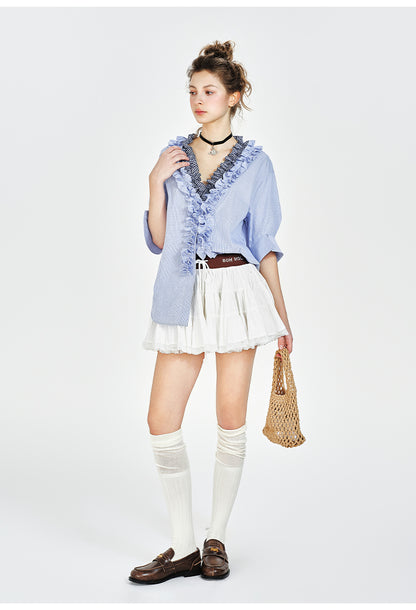 V-Neck Ruffled Blouse With Half Sleeves