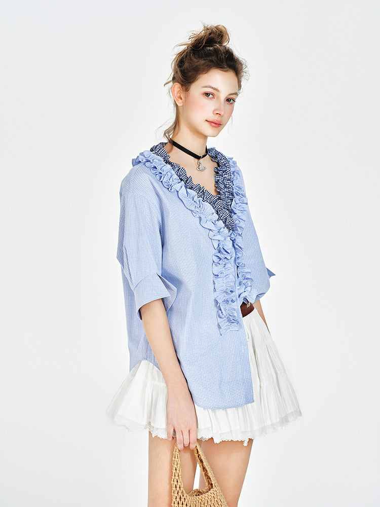 V-Neck Ruffled Blouse With Half Sleeves