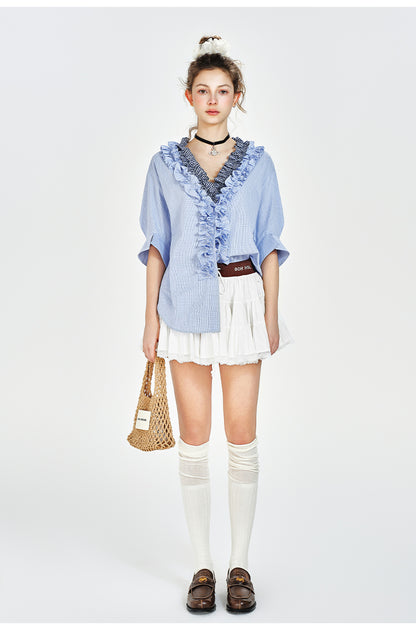 V-Neck Ruffled Blouse With Half Sleeves