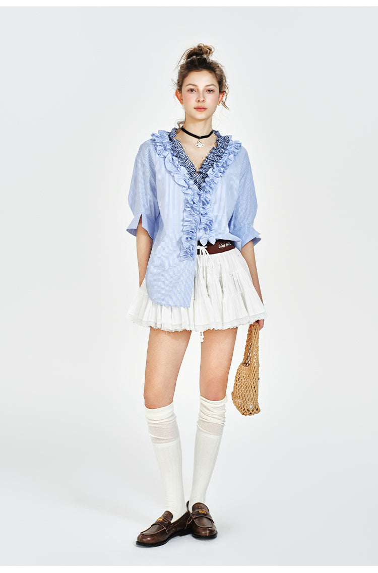 V-Neck Ruffled Blouse With Half Sleeves