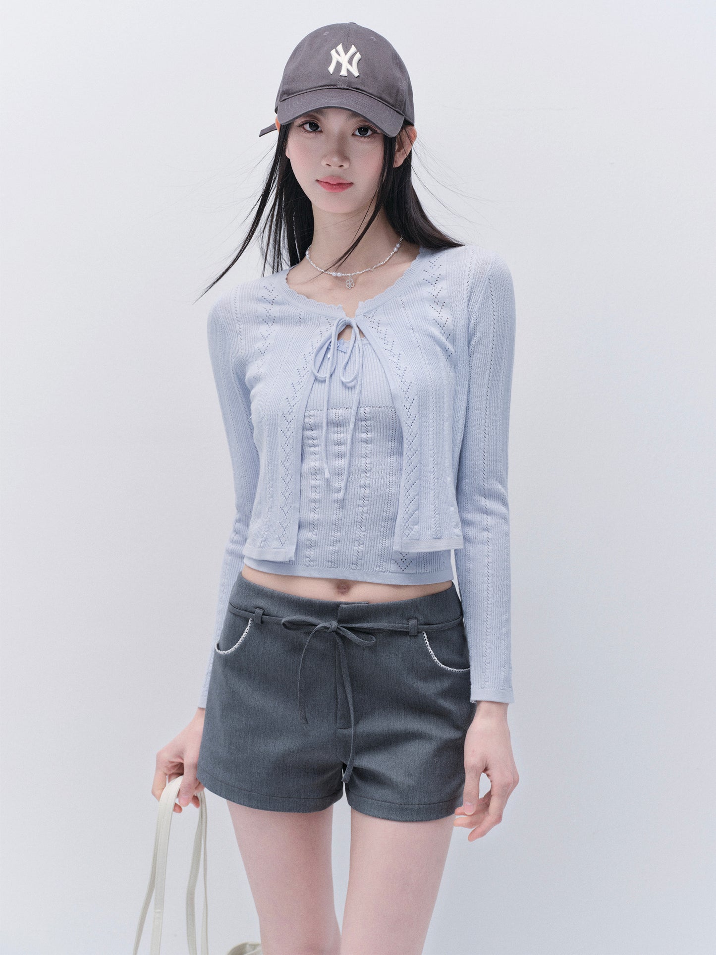Pointelle Knit Cropped Camisole And Cardigan