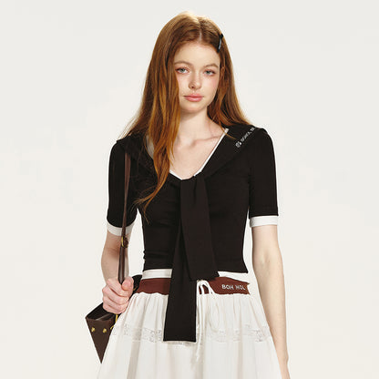 Layered Contrast Top With Sailor Collar And Tie Detail