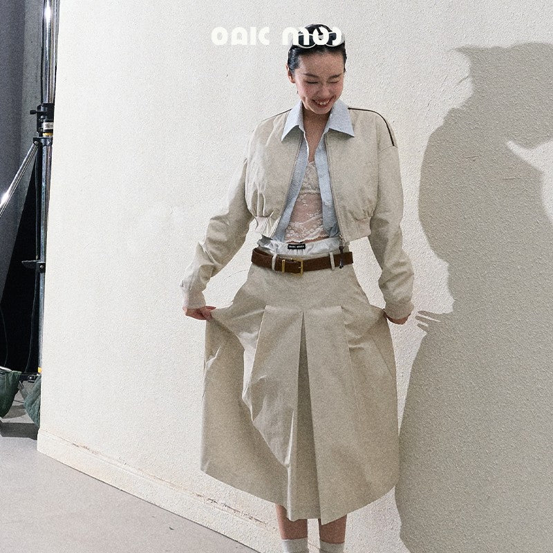 Cropped Cotton Zip-Up Jacket & Matching Wide-Pleat Skirt