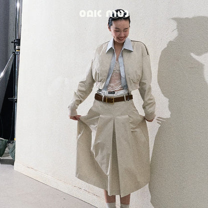 Cropped Cotton Zip-Up Jacket & Matching Wide-Pleat Skirt