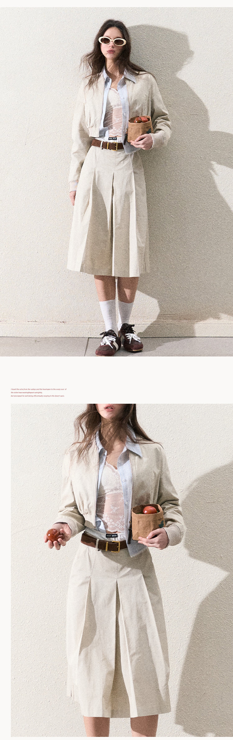 Cropped Cotton Zip-Up Jacket & Matching Wide-Pleat Skirt