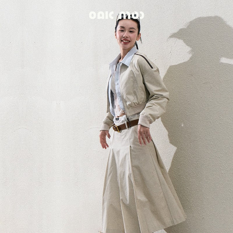 Cropped Cotton Zip-Up Jacket & Matching Wide-Pleat Skirt