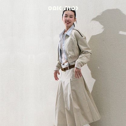 Cropped Cotton Zip-Up Jacket & Matching Wide-Pleat Skirt