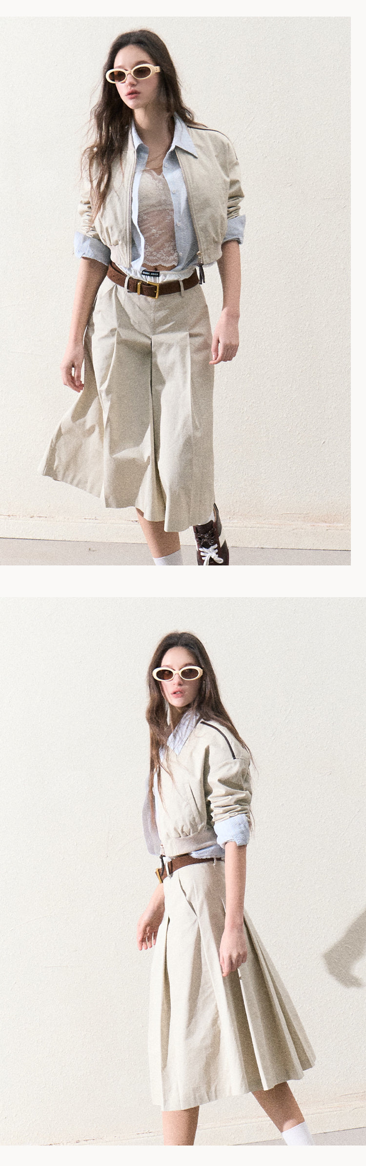 Cropped Cotton Zip-Up Jacket & Matching Wide-Pleat Skirt