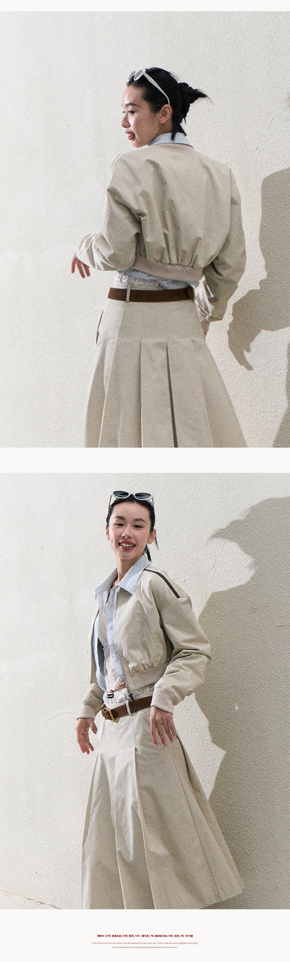 Cropped Cotton Zip-Up Jacket & Matching Wide-Pleat Skirt