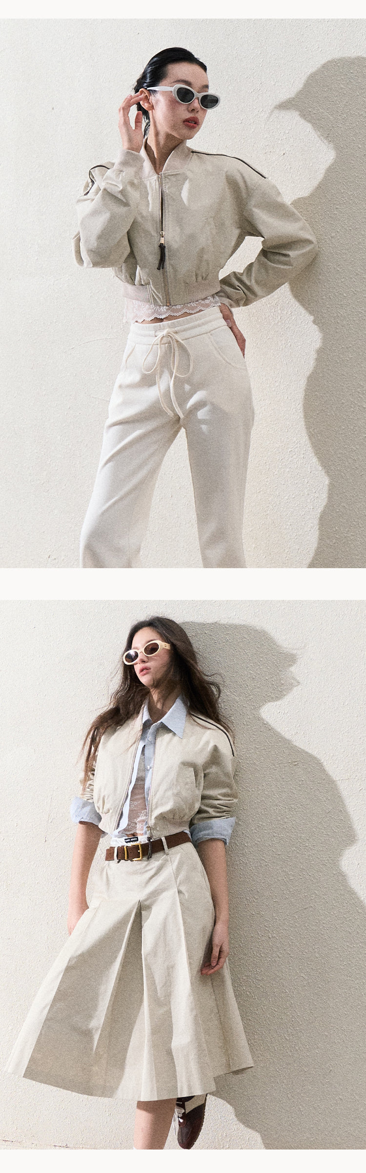 Cropped Cotton Zip-Up Jacket & Matching Wide-Pleat Skirt