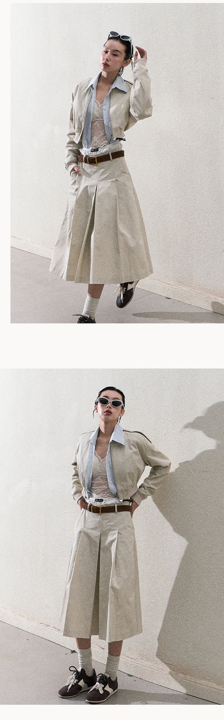 Cropped Cotton Zip-Up Jacket & Matching Wide-Pleat Skirt