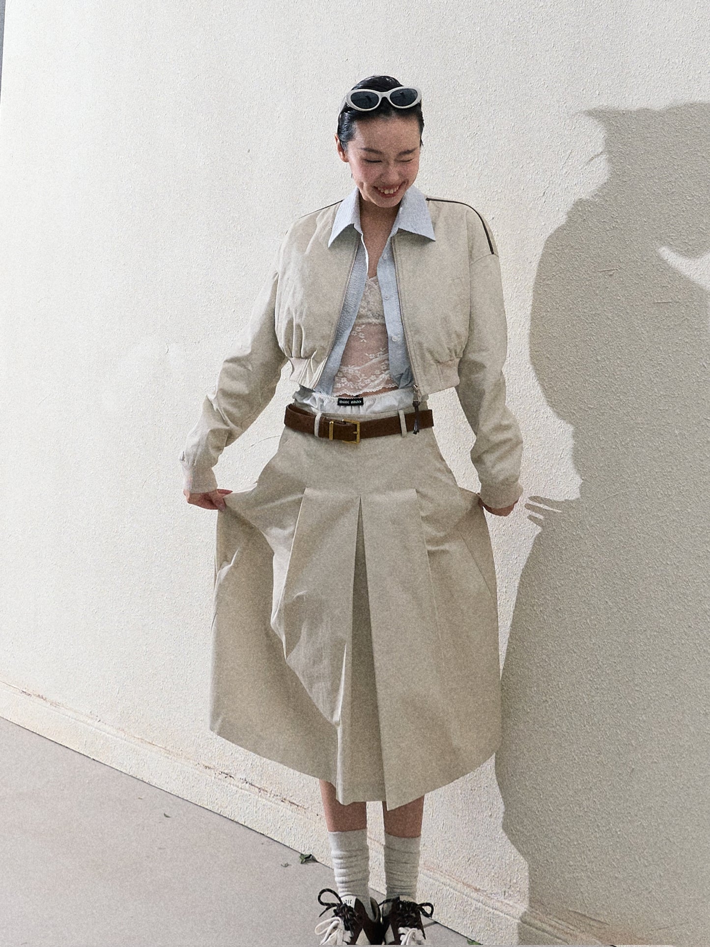 Cropped Cotton Zip-Up Jacket & Matching Wide-Pleat Skirt