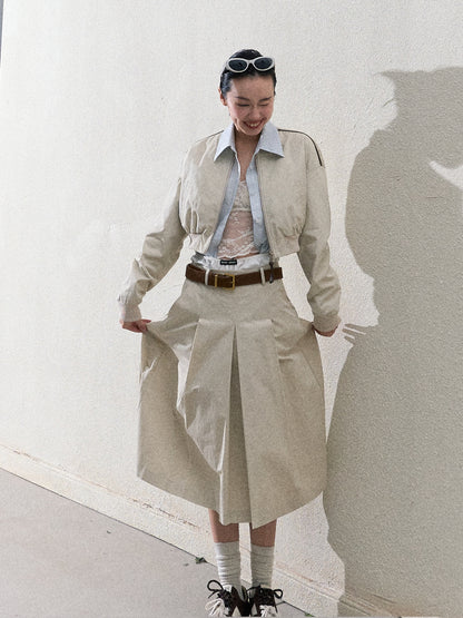 Cropped Cotton Zip-Up Jacket & Matching Wide-Pleat Skirt
