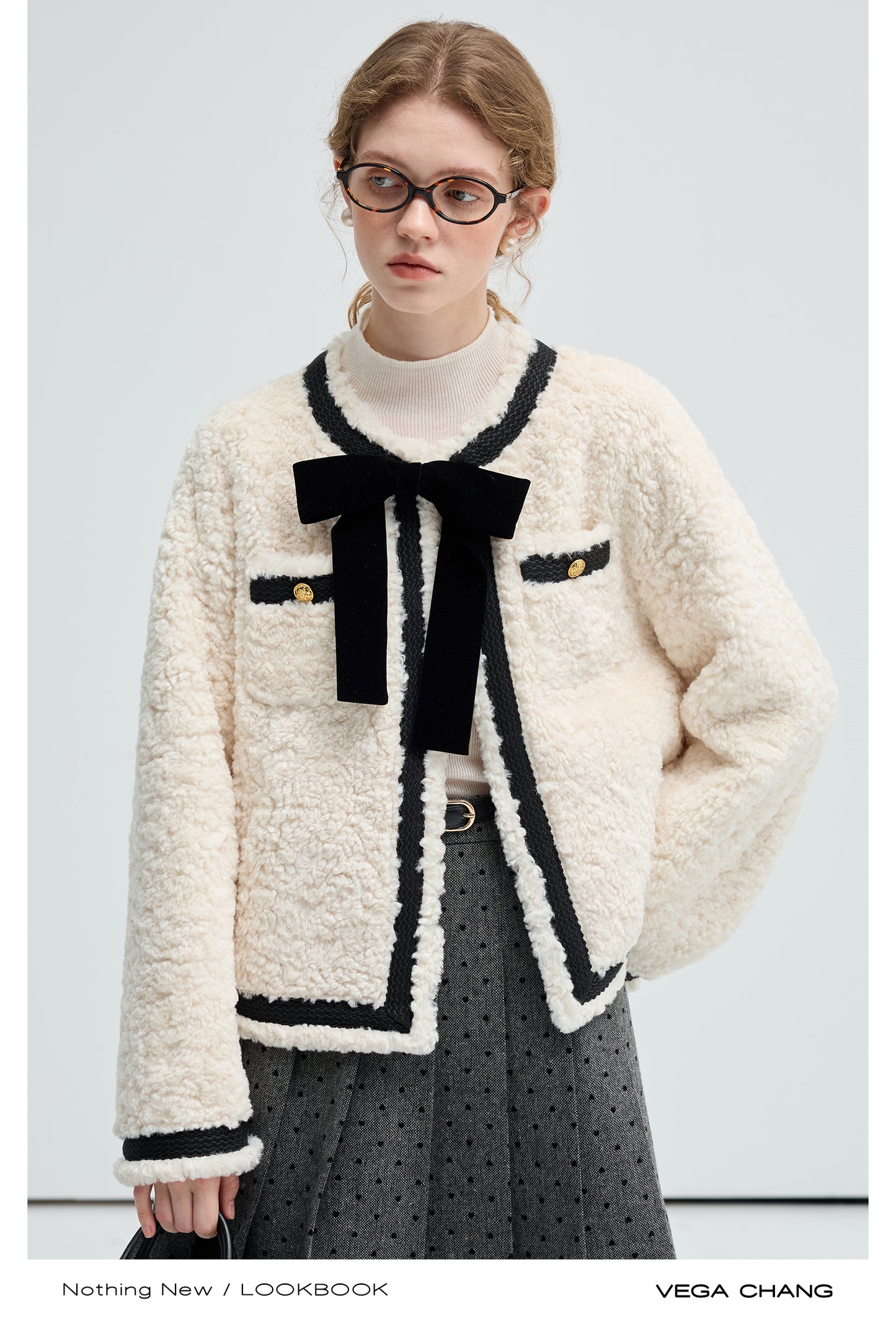 Faux Fur Collarless Bow Jacket With Bold Contrast