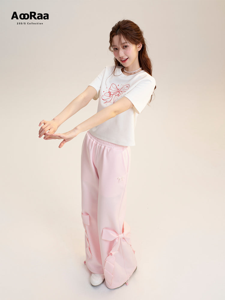 Elastic Waist Pants With Large Bow