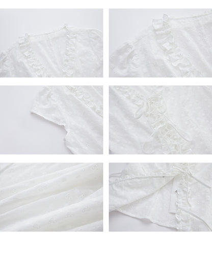 Dot Embroidery Frilled Tie-Front Blouse