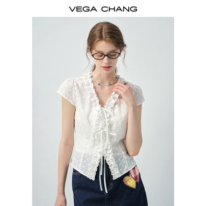 Dot Embroidery Frilled Tie-Front Blouse