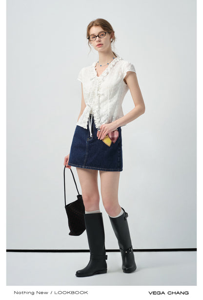 Dot Embroidery Frilled Tie-Front Blouse